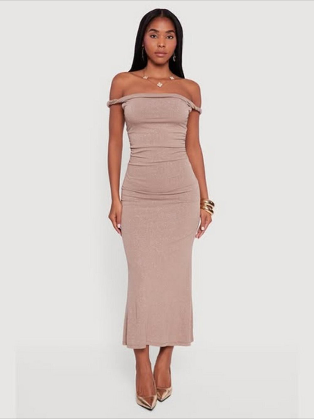 NWT Glitter Off the Shoulder Twist Strap Ruched Side Dress - Brown